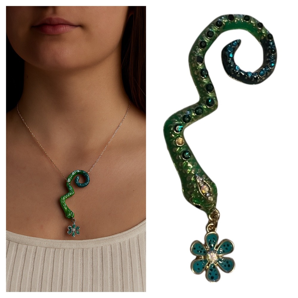 Enchanting Snake Pendant Necklace with Dainty Flower Charm Green Blue Sparkle